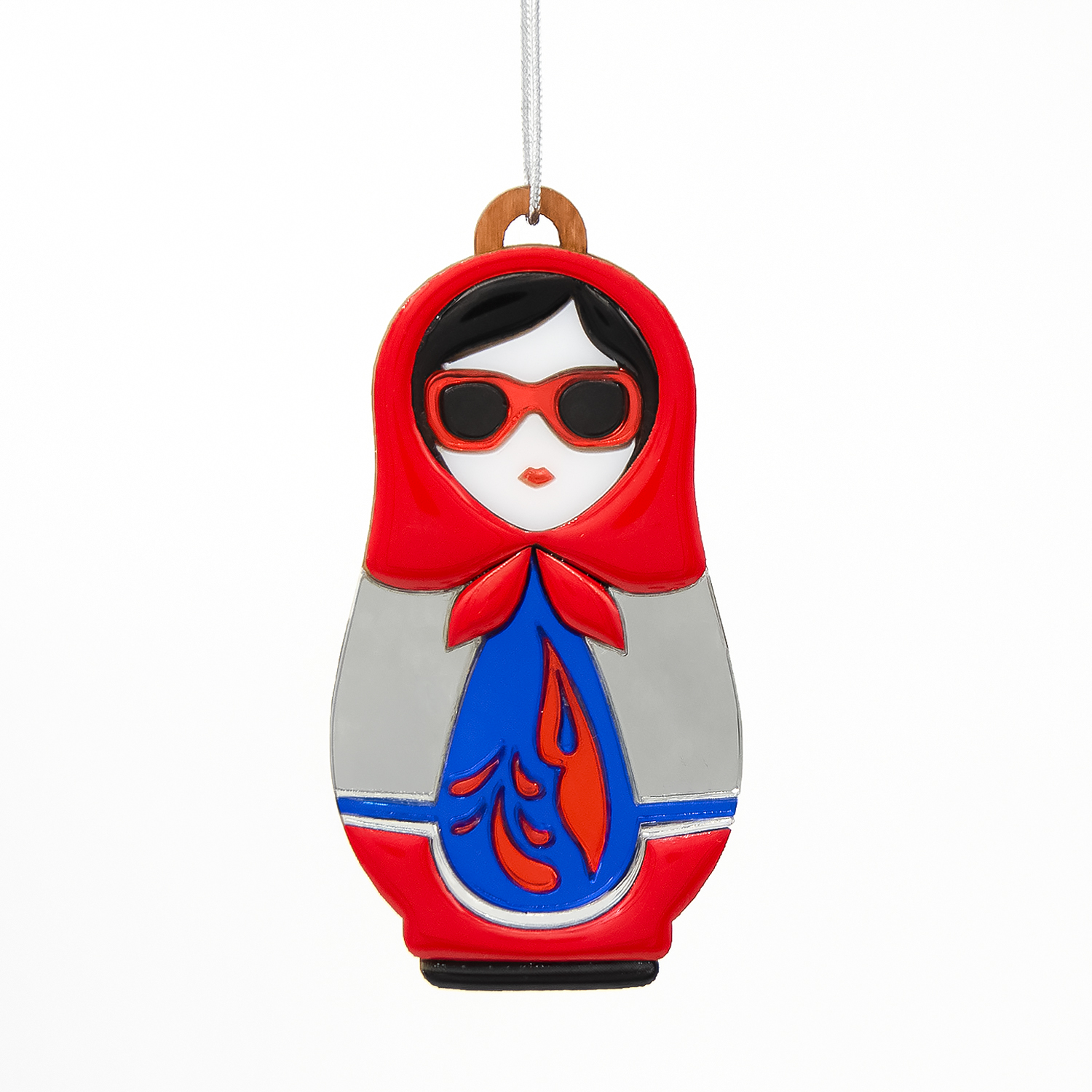 Ёлочная игрушка Матрёшка с узорами (красный с синим)