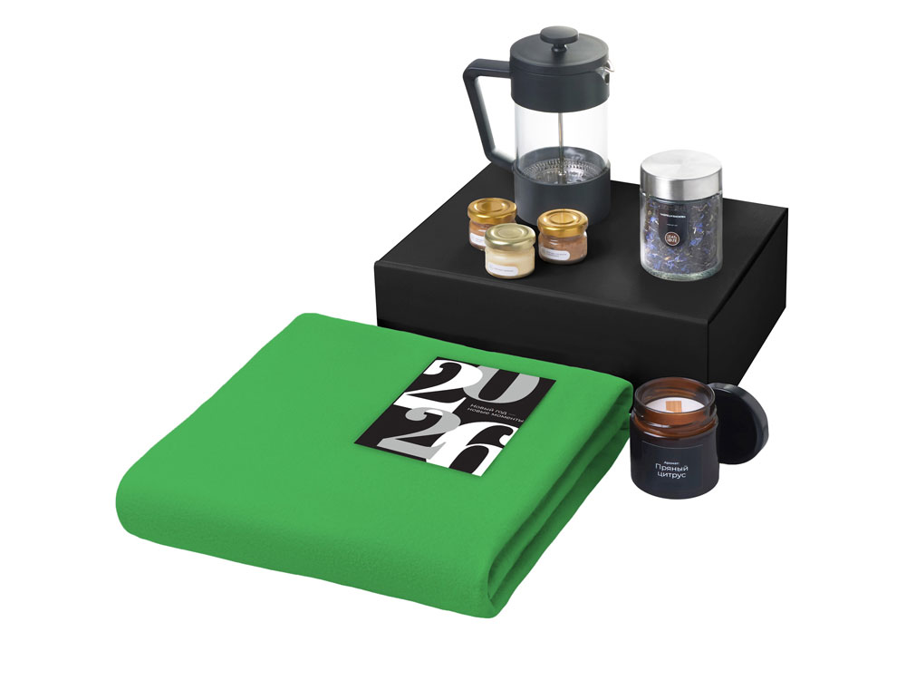 Подарочный набор c пледом, френчпрессом, чаем и медом, зеленый