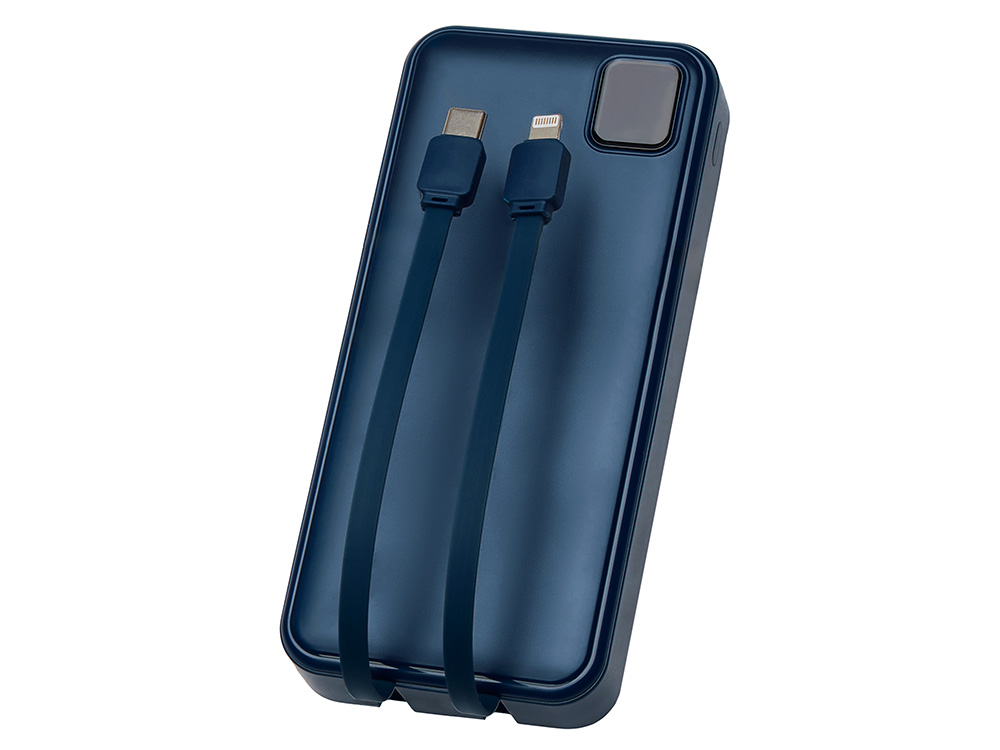Внешний аккумулятор со встроенными кабелями Фрэйм Про, быстрая зарядка, 20000мач, тёмно-синий