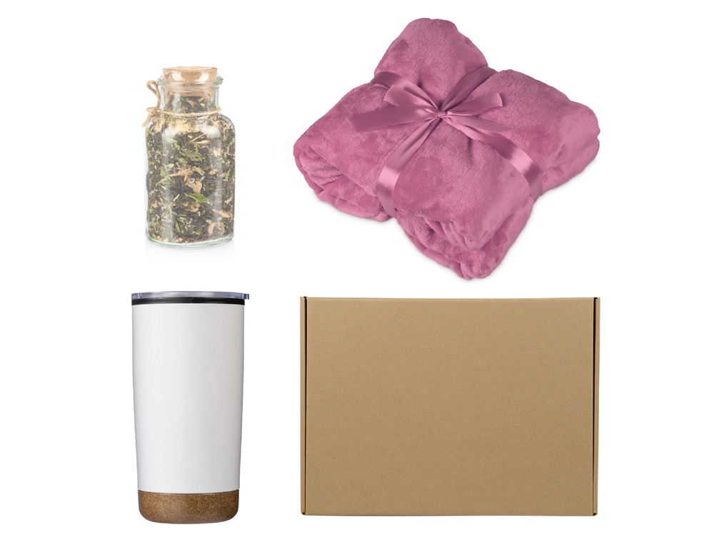 Подарочный набор с пледом, термокружкой и чаем, розовый Подарочный набор с пледом, термокружкой и чаем, розовый