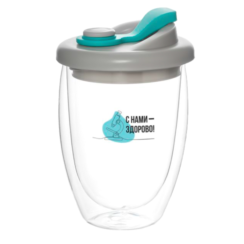 Стакан стеклянный Lotos с двойными стенками и крышкой, голубой