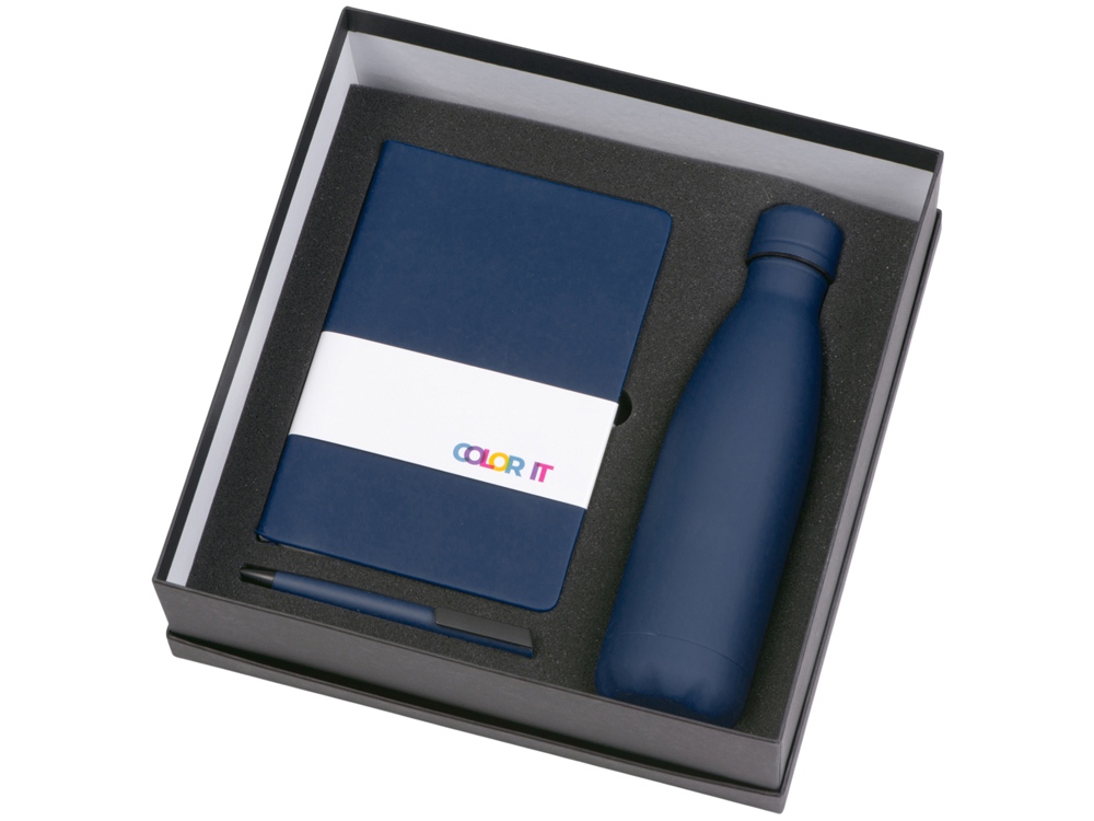 Подарочный набор c блокнотом C1, ручкой и термобутылкой, темно-синий