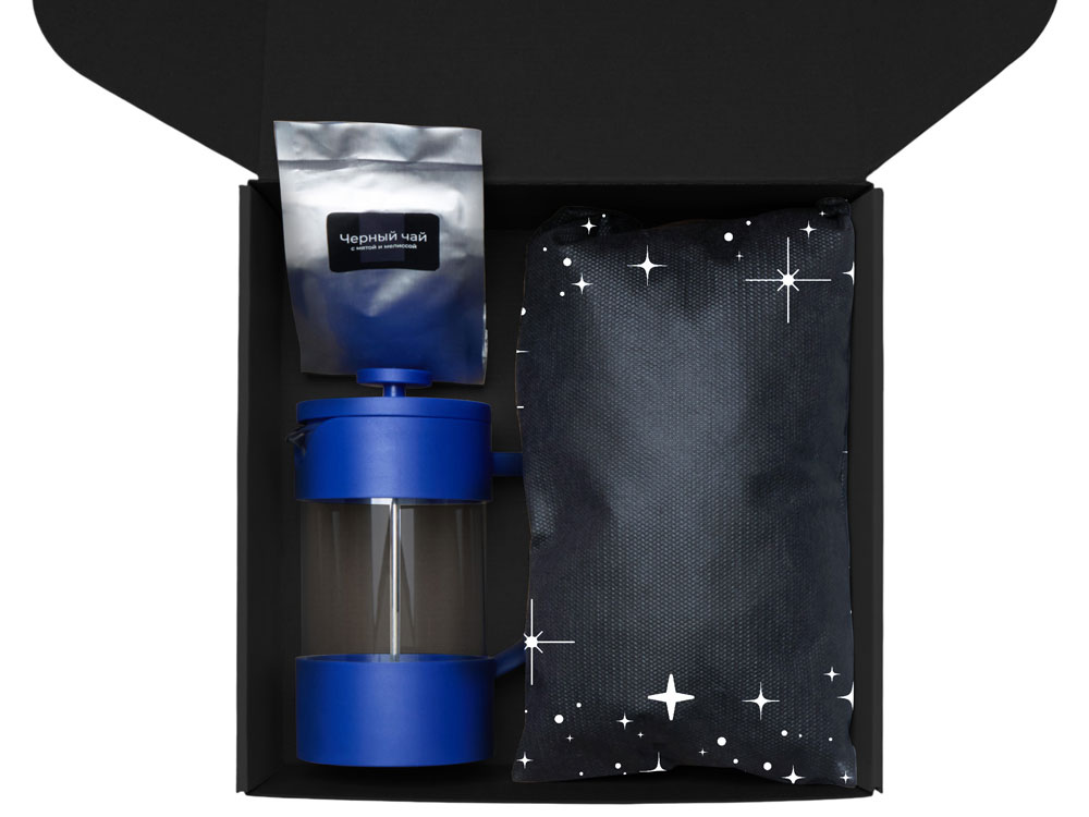 Подарочный набор c френчпрессом, кружками и чаем, синий