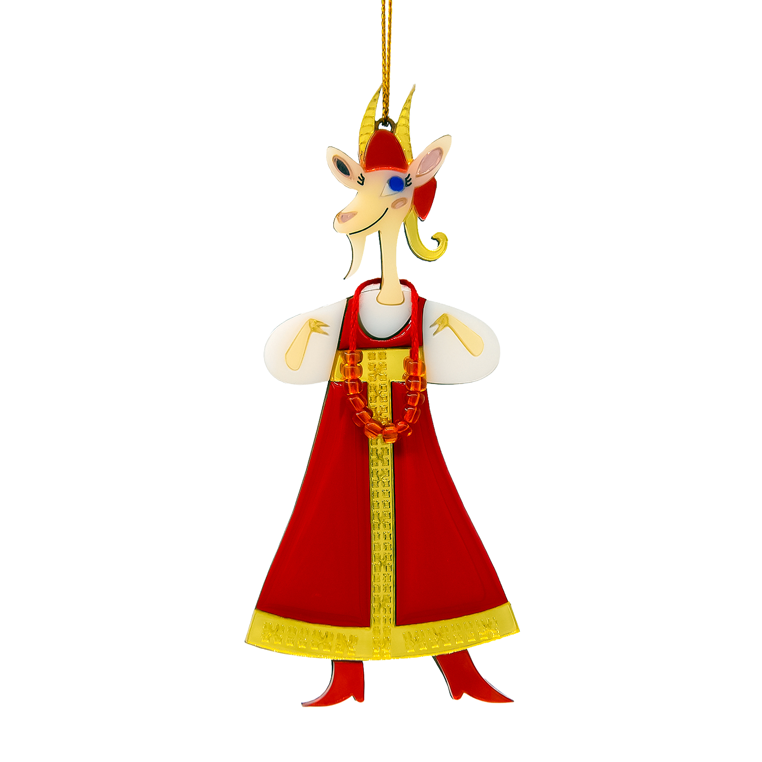 Ёлочная игрушка Коза в сарафане (красный с белым)