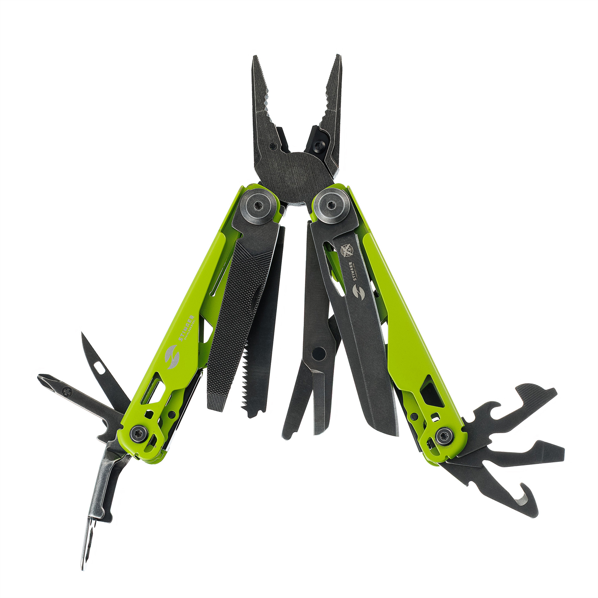 Мультитул Stinger, 107 х 19 мм, 19 функций, сталь, салатовый корпус, стоунвош, в картонной коробке, в комплекте нейлоновый чехол