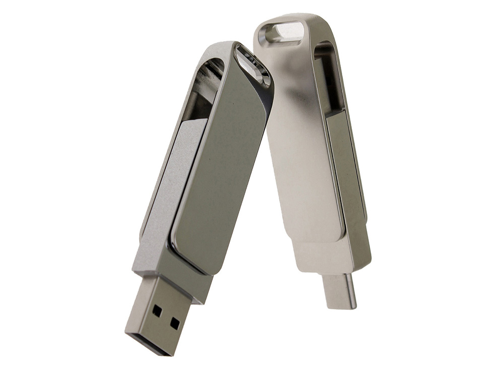 USB-флешка на 32 Гб поворотный механизм 2 в 1, c дополнительным разъемом Type-C с одноцветным металлическим клипом, серый