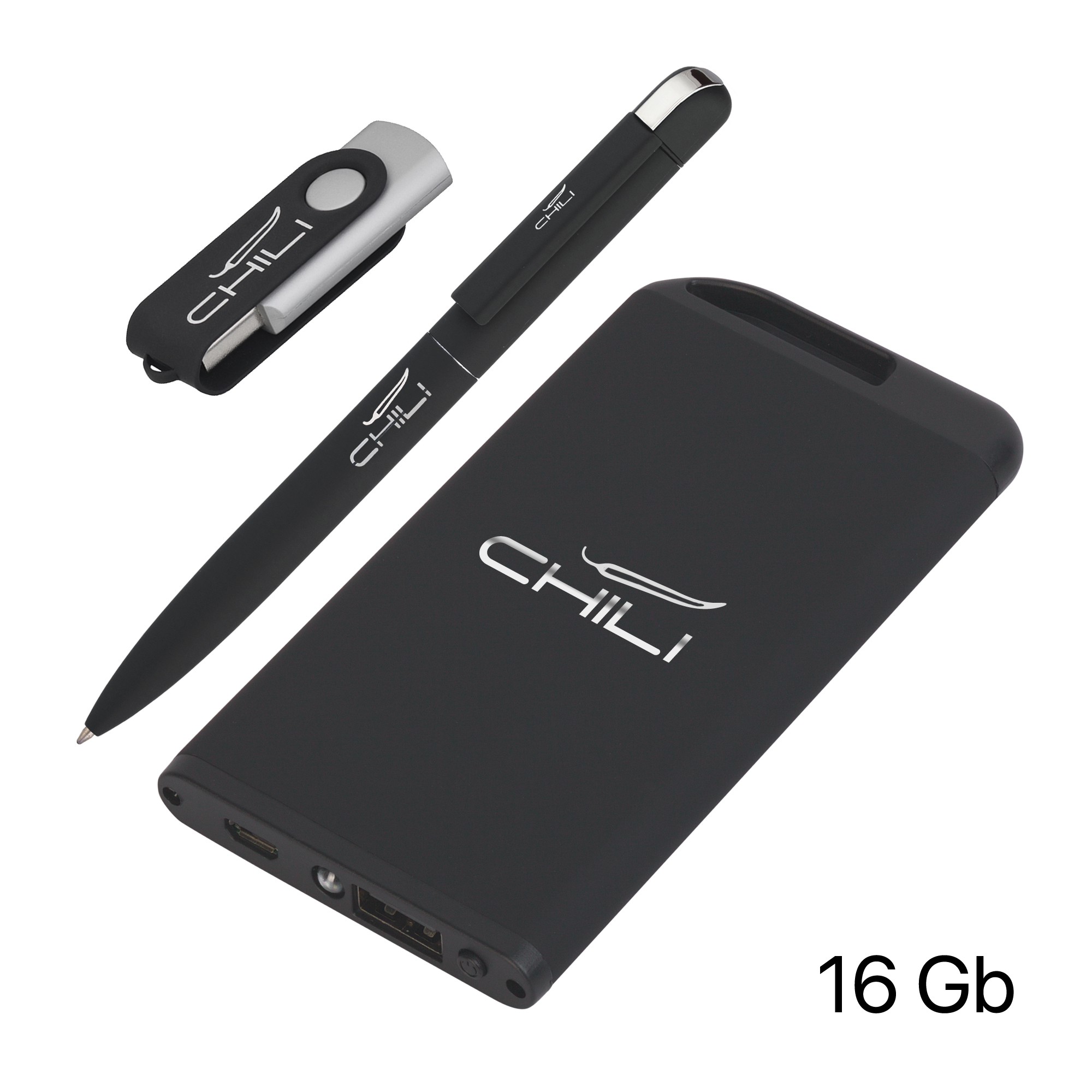 Набор ручка + флеш-карта 16Гб + зарядное устройство 4000 mAh в футляре покрытие soft touch