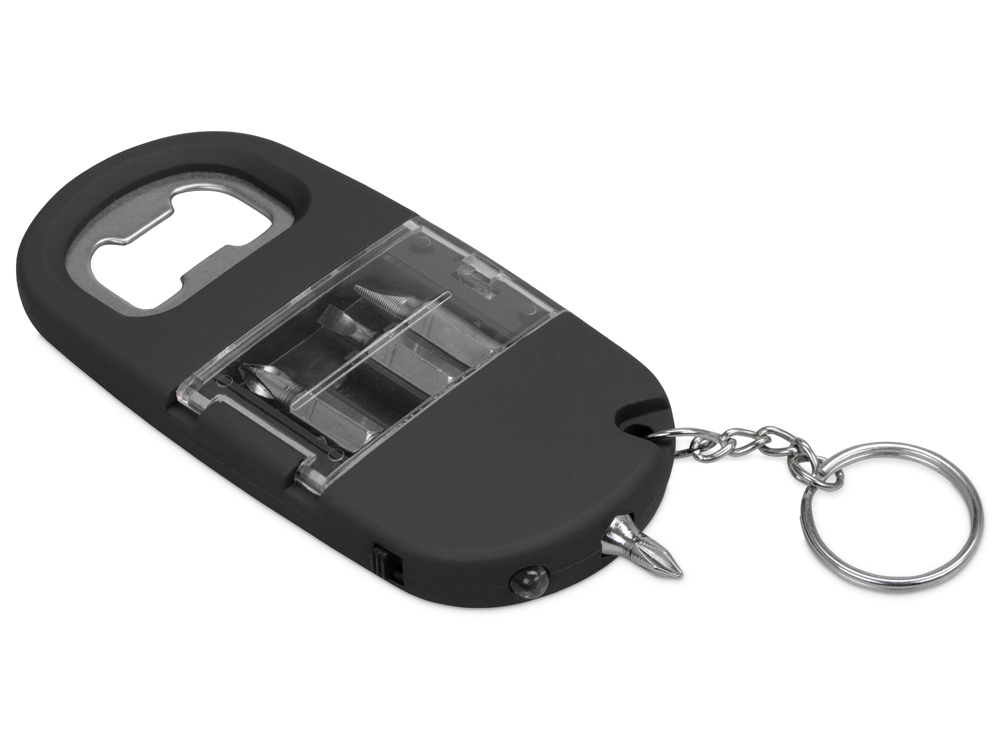 Брелок-открывалка с отвертками и фонариком Uni, софт-тач, черный (Р)