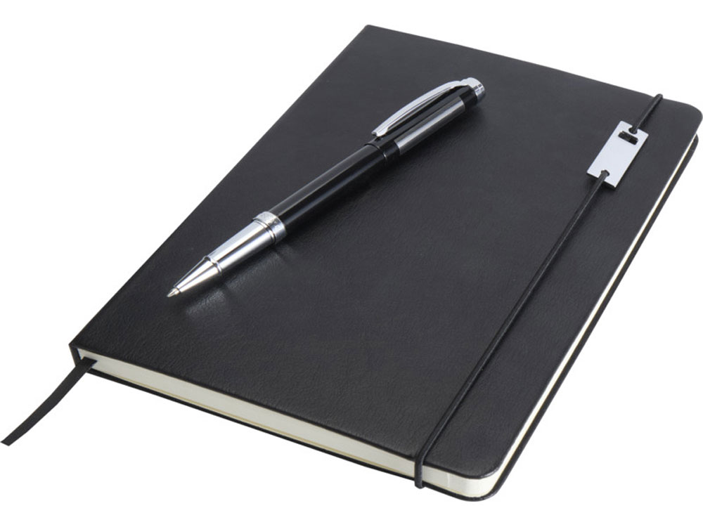 Набор Legato Elegance из блокнота формата А5 в твердой обложке и ручки-роллера, черный/черный
