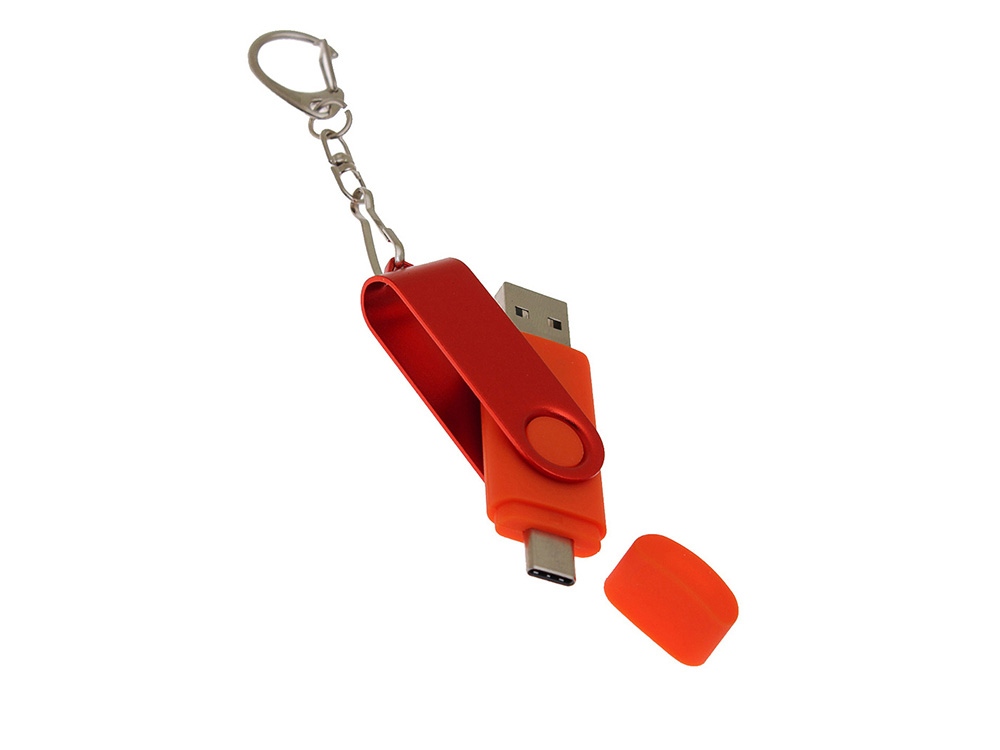 USB-флешка на 16 Гб 2 в 1 поворотный механизм, c дополнительным разъемом Type-C с одноцветным металлическим клипом, красный