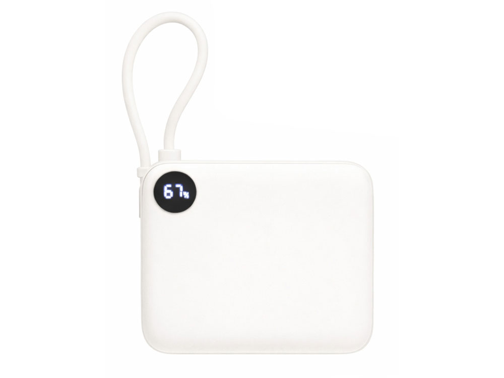 Внешний аккумулятор со встроенным кабелем Liri, QC/PD, 10000 мАч, теплый белый Внешний аккумулятор со встроенным кабелем Liri, QC/PD, 10000 мАч, теплый белый