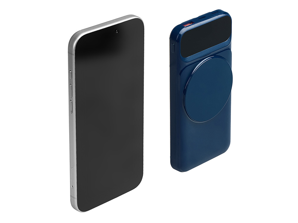 Магнитный беспроводной внешний аккумулятор со встроенными кабелями Мэни,быстаря зарядка, 10000 мАч, тёмно-синий