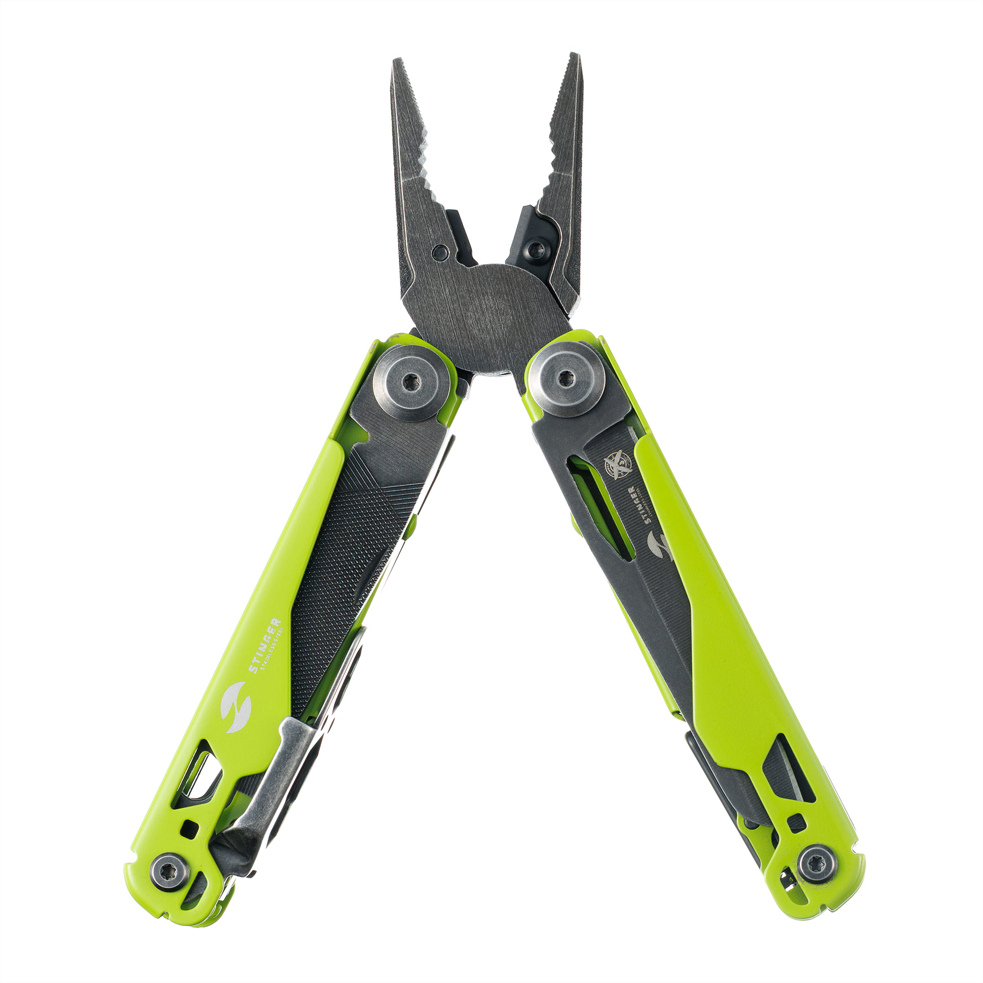 Мультитул Stinger, 107 х 19 мм, 19 функций, сталь, салатовый корпус, стоунвош, в картонной коробке, в комплекте нейлоновый чехол