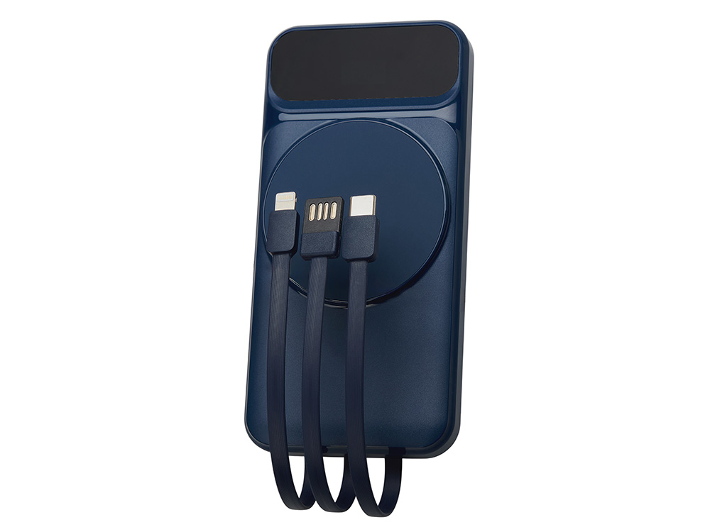Магнитный беспроводной внешний аккумулятор со встроенными кабелями Мэни,быстаря зарядка, 10000 мАч, тёмно-синий