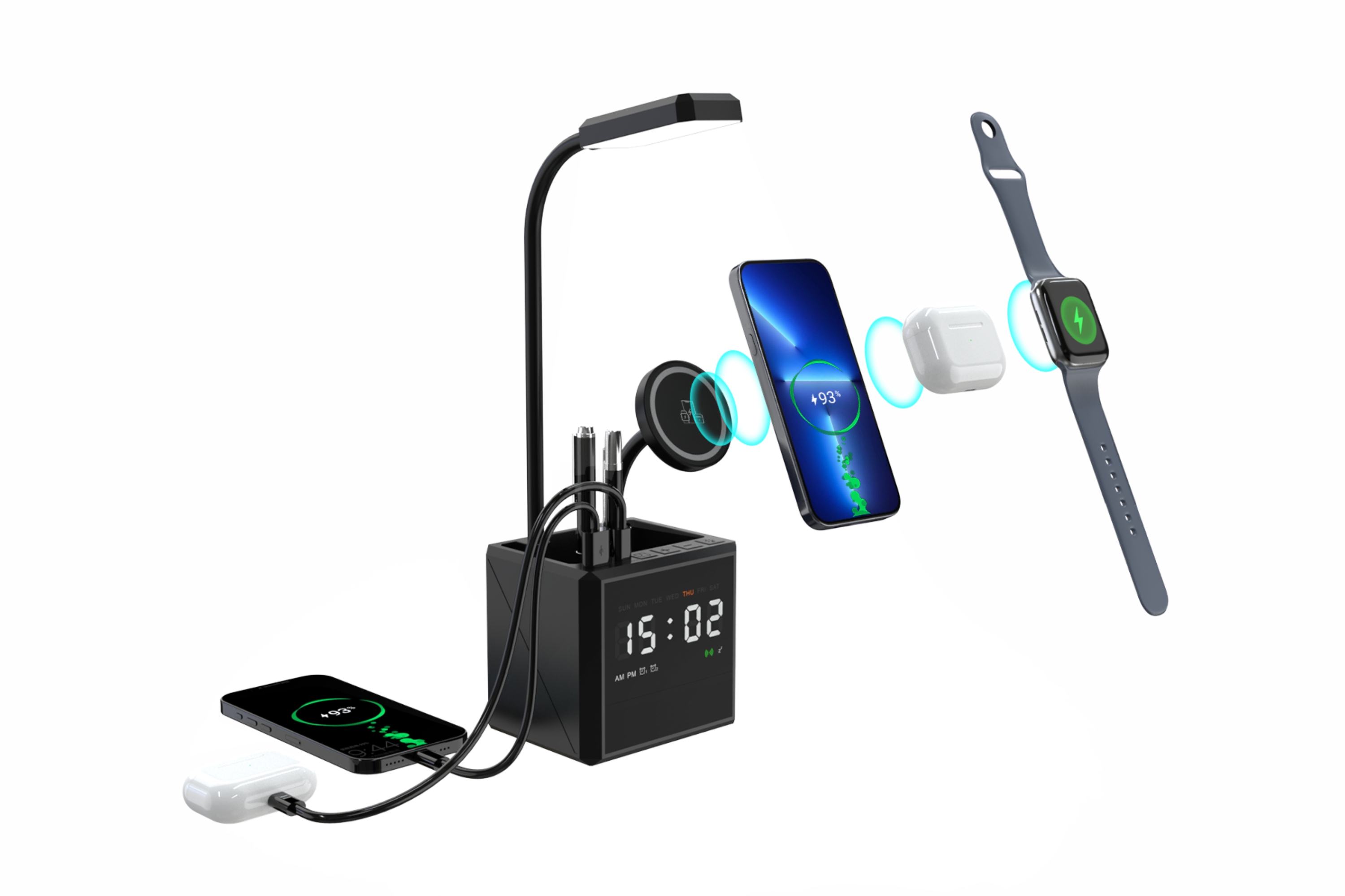 Лампа "Smart Flex" с беспроводным 3в1 (15W) ЗУ с MagSafe, часами, карандашницей и подсветкой логотипа