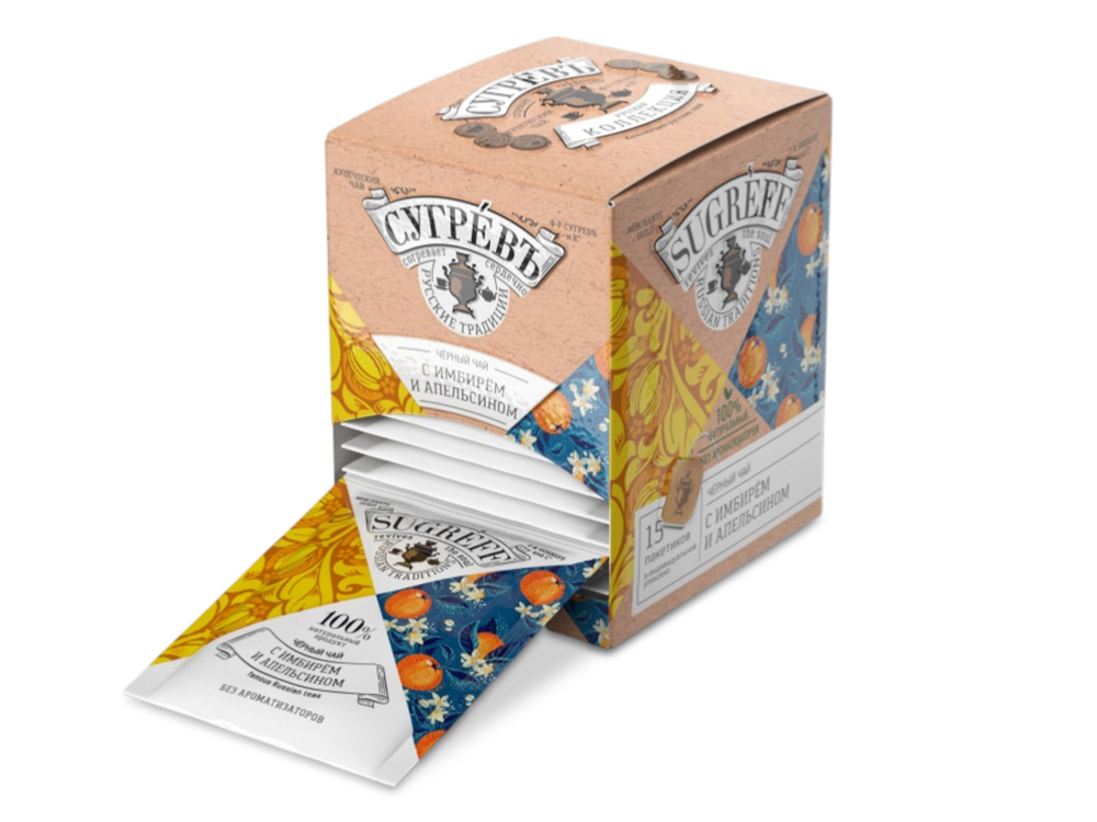 Черный чай с имбирем и апельсином в индивидуальном саше конверте, 15 пакетиков