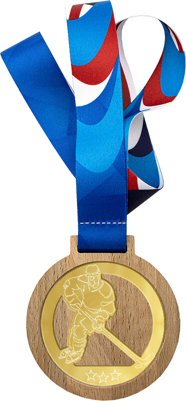 Деревянная медаль с лентой Хоккей