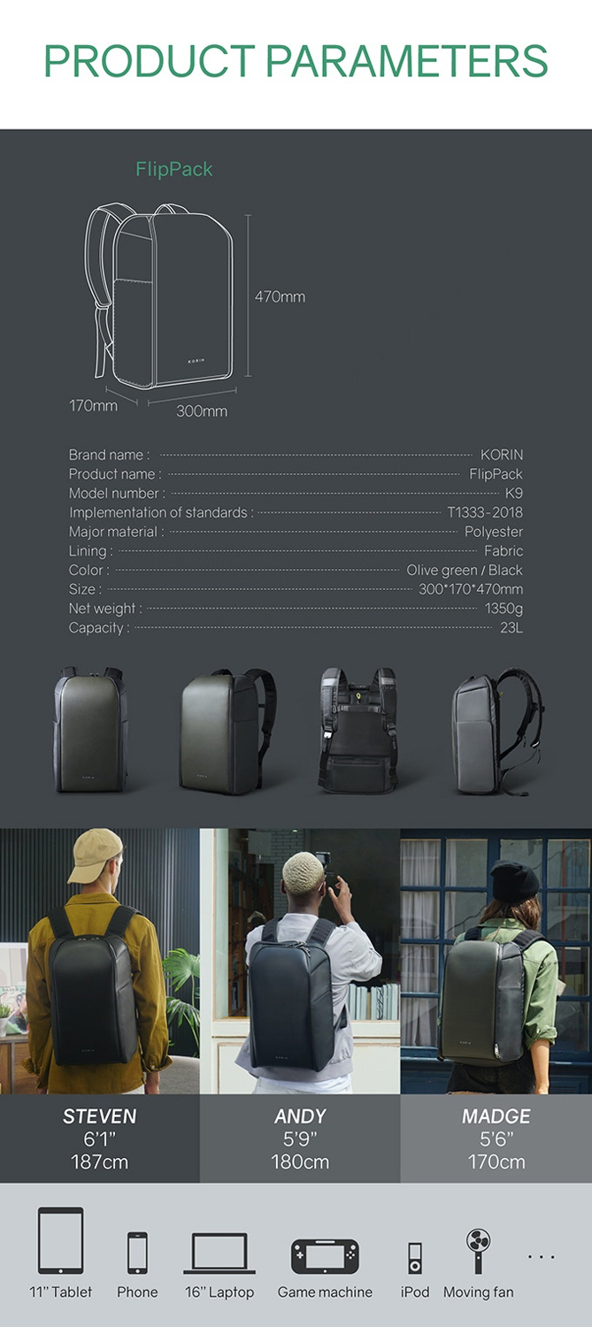 Рюкзак KORIN FlipPack 47х30х17 см, зеленый/черный