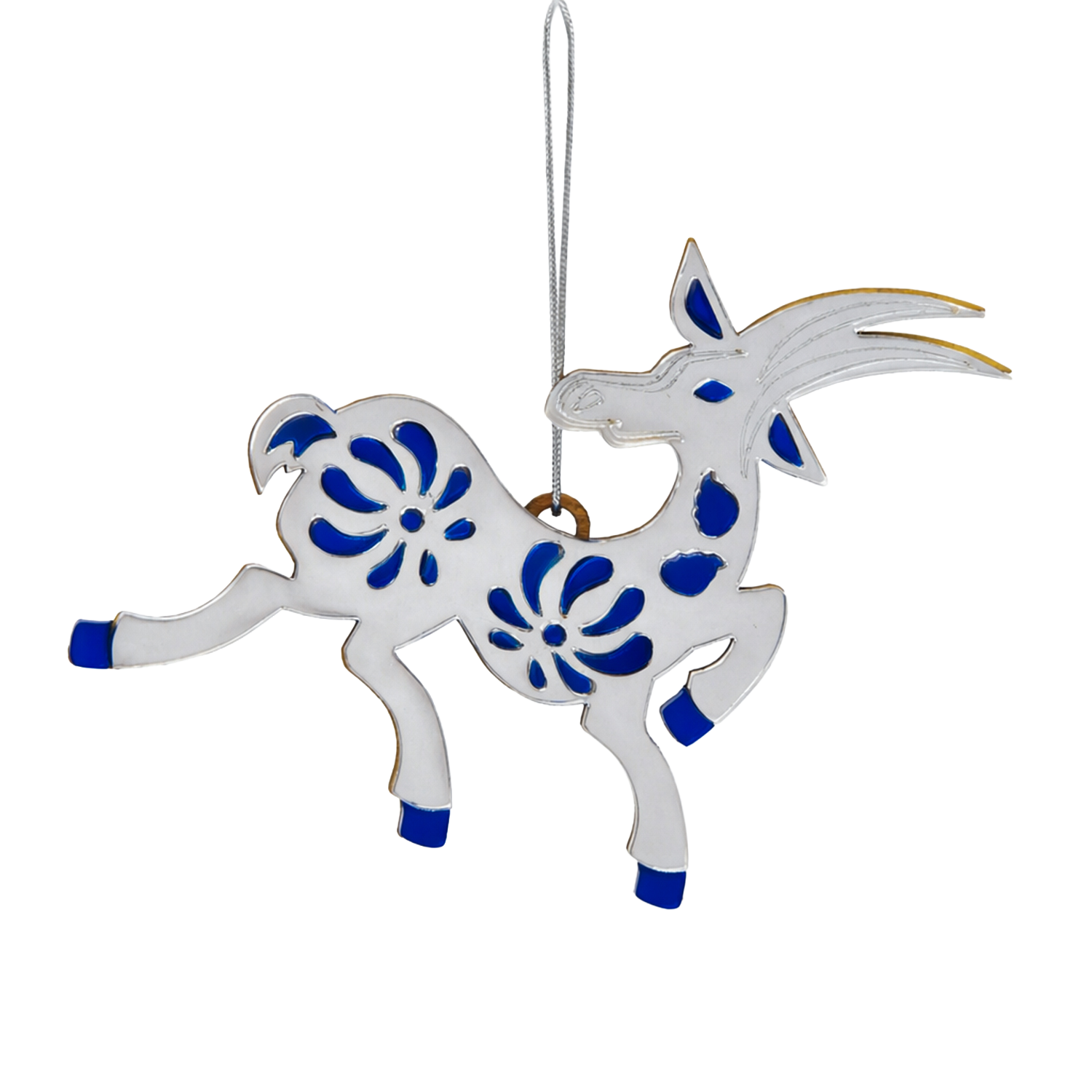 Ёлочная игрушка Коза (серебряный с синим)