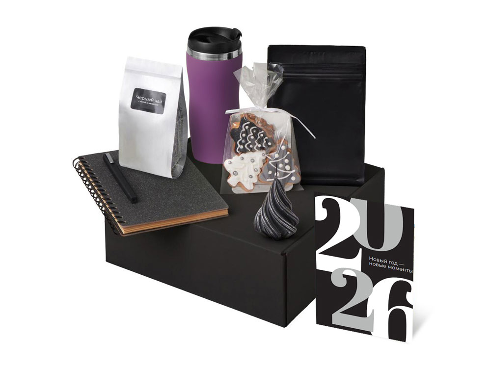 Подарочный набор c термокружкой, чаем, кофе и блокнотом, фиолетовый