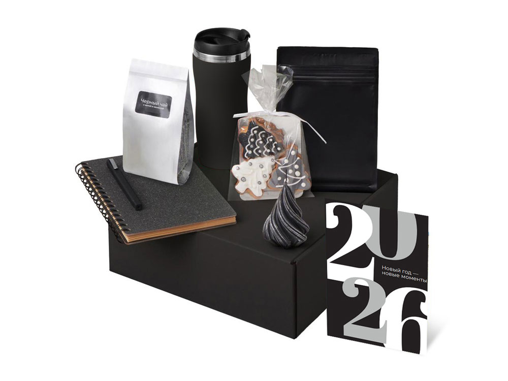 Подарочный набор c термокружкой, чаем, кофе и блокнотом, черный
