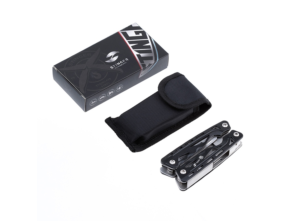 Мультитул Stinger, 105x40 мм, 9 функций, сталь/алюминий, чёрно-серебристый, в нейлоновом чехле
