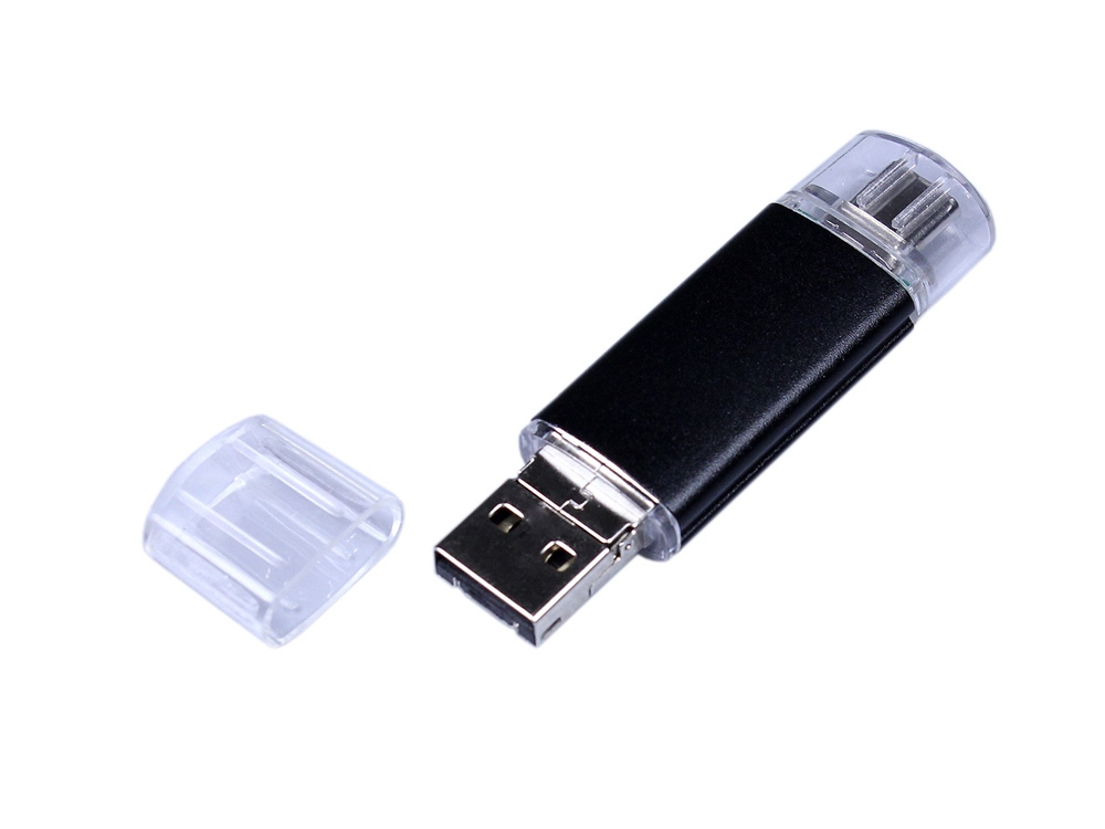 USB-флешка на 64 ГБ c двумя дополнительными разъемами MicroUSB и TypeC, черный