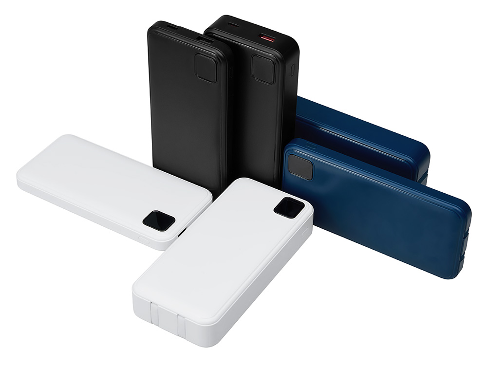 Внешний аккумулятор со встроенными кабелями Фрэйм Про, быстрая зарядка, 20000мач, тёмно-синий