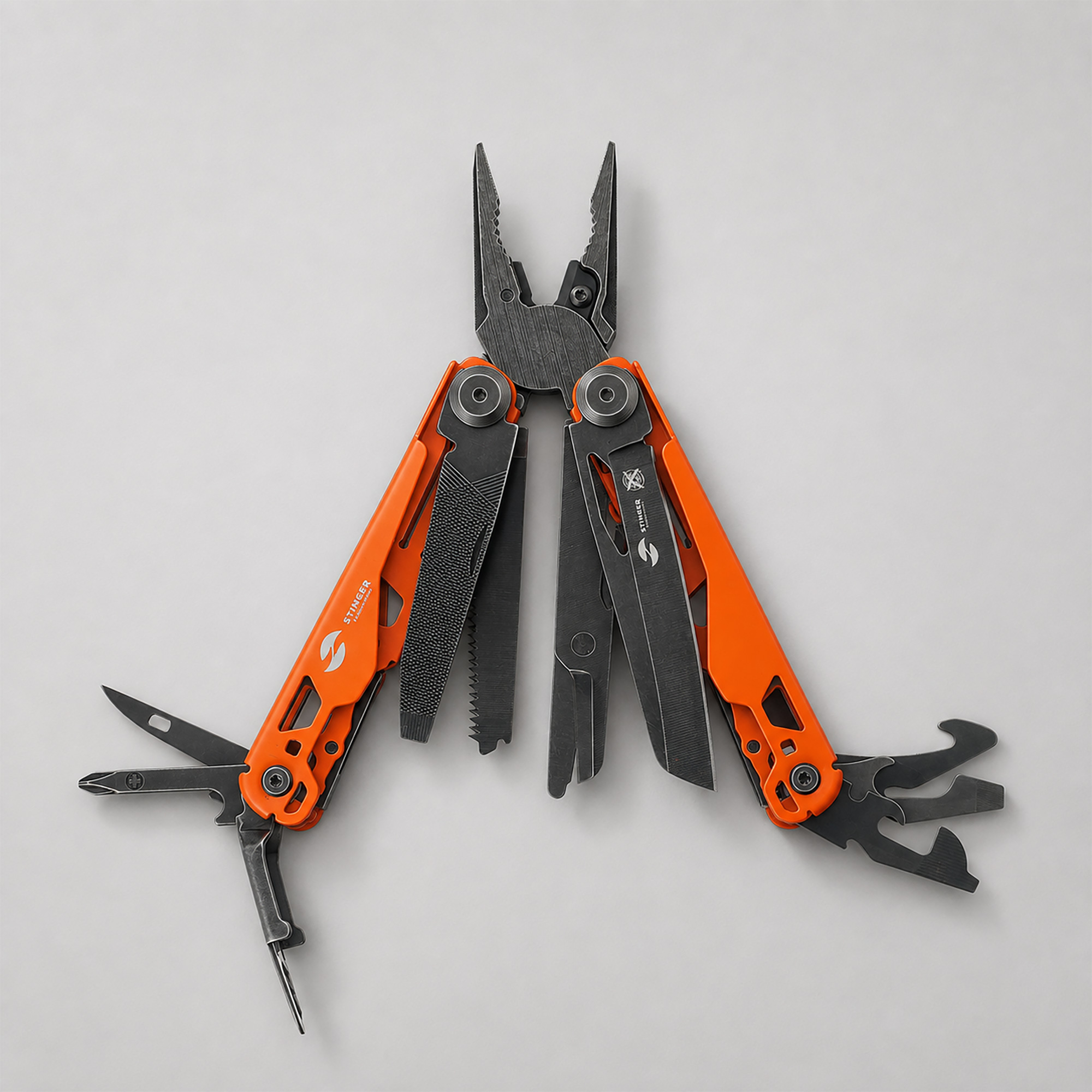 Мультитул Stinger, 107 х 19 мм, 19 функций, сталь, оранжевый корпус, стоунвош, в картонной коробке, в комплекте нейлоновый чехол