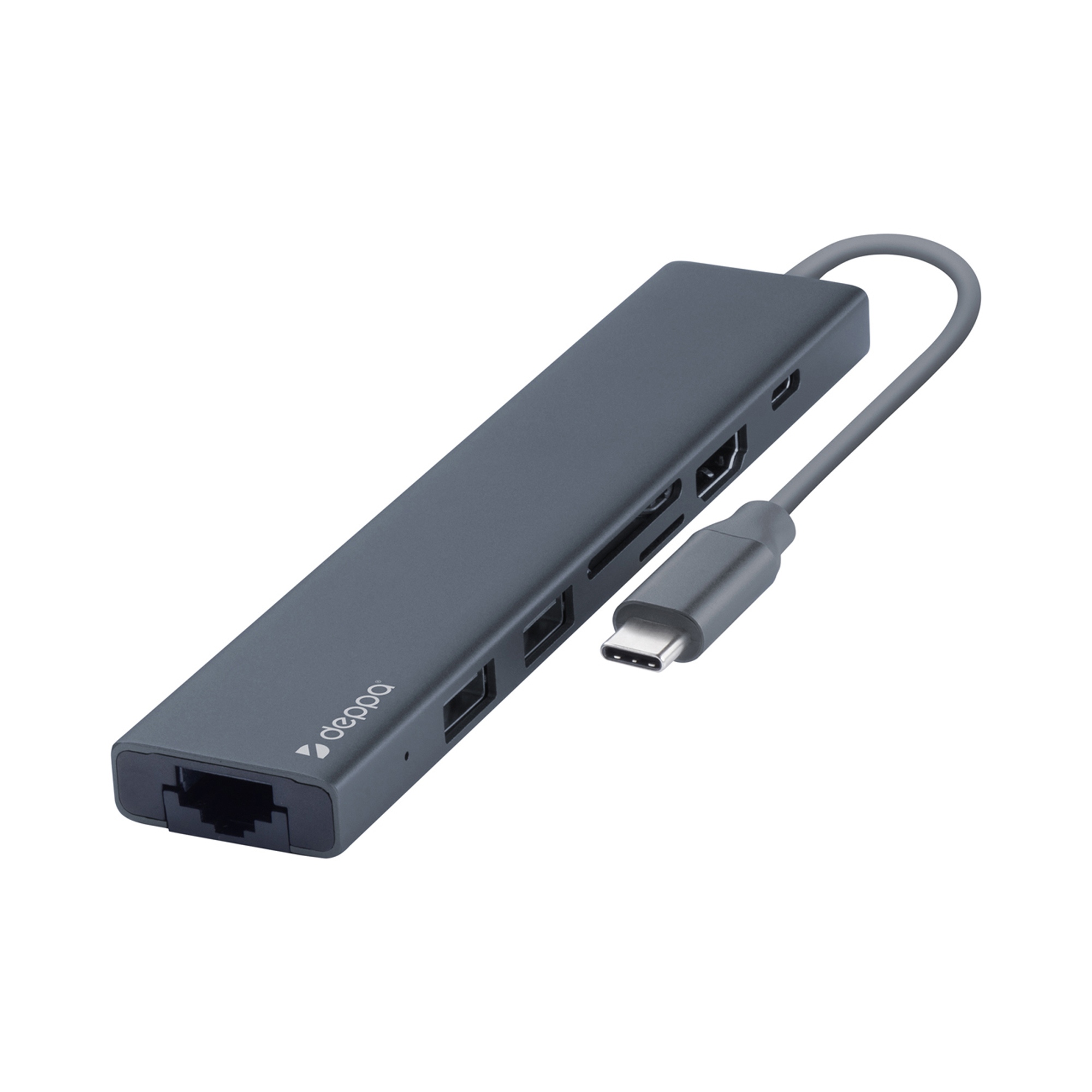 USB Type-C хаб 7-в-1, HDMI, Power Delivery, 2xUSB 3.0, RJ45, microSD/SD, графит, Deppa