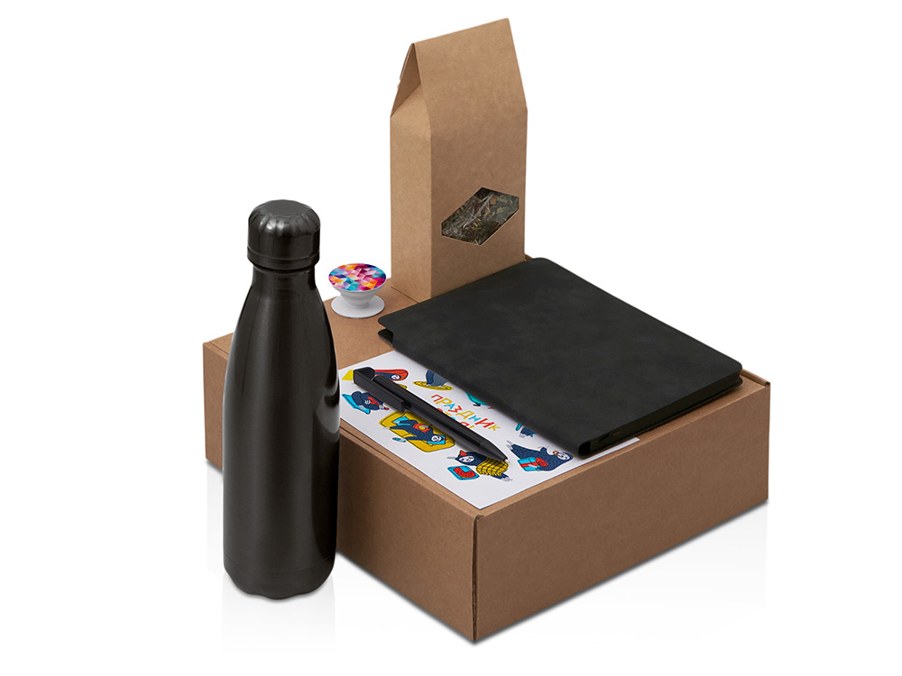 Подарочный набор с термобутылкой, блокнотом, ручкой и чаем, черный
