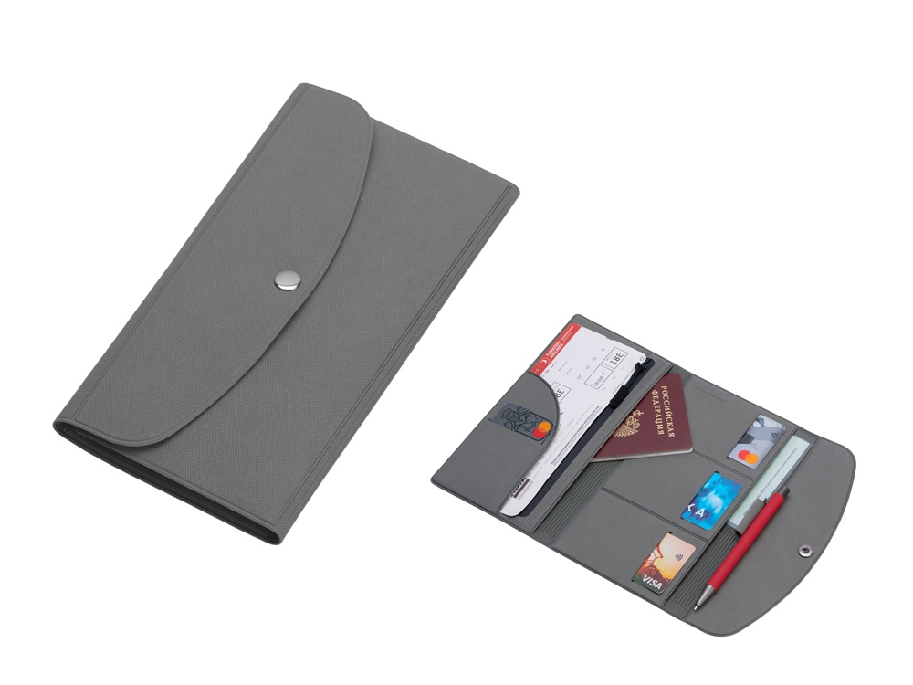 Органайзер для документов на кнопке с отделением для купюр и ручки, упаковка в индивидуальный пакет, серый