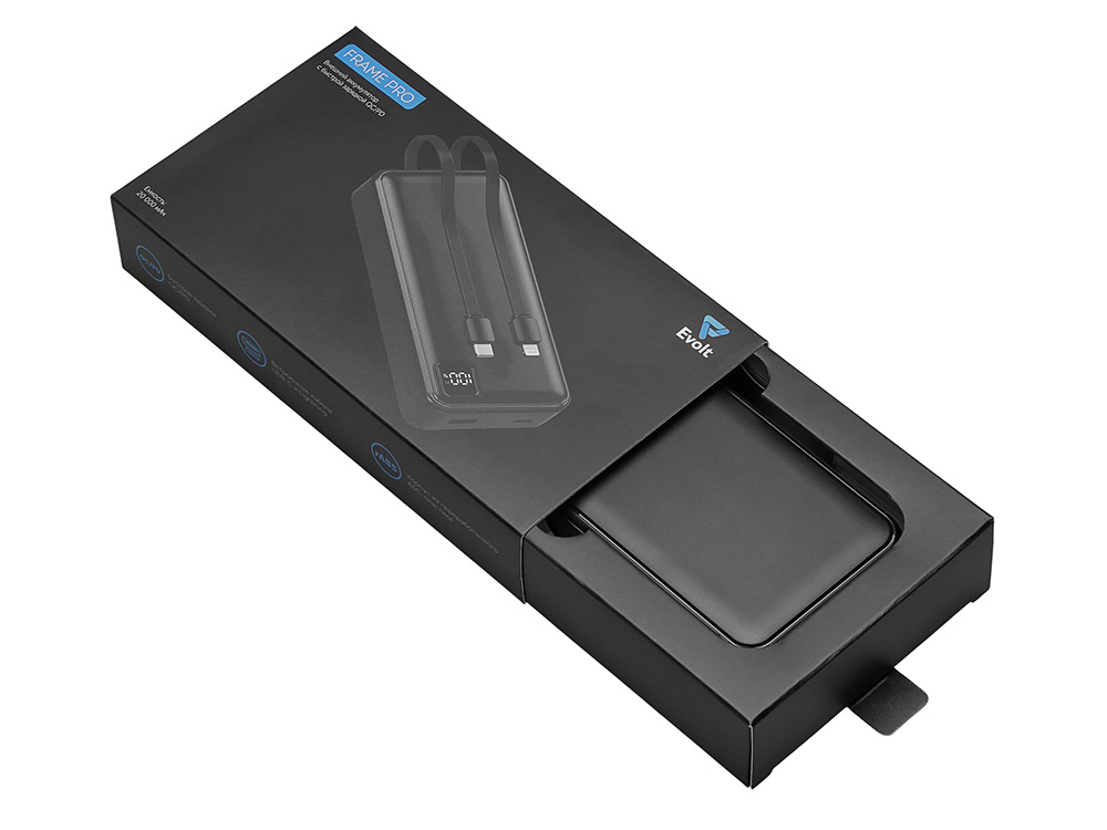 Внешний аккумулятор со встроенными кабелями Фрэйм Про, быстрая зарядка, 20000мач, черный