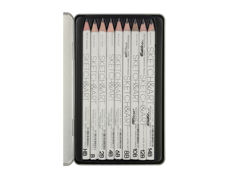 Набор чернографитовых карандашей  Sketch & Art  утолщенные,9 шт. hb-14b,  металлическая коробка с ложементом