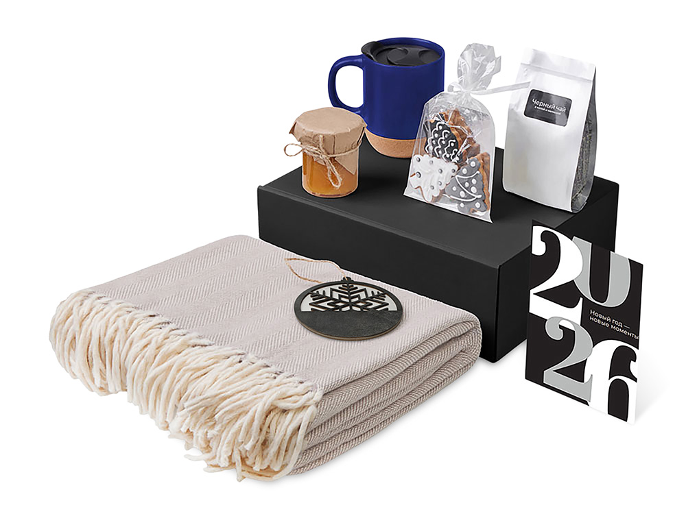 Подарочный набор c пледом, кружкой и вареньем, синий