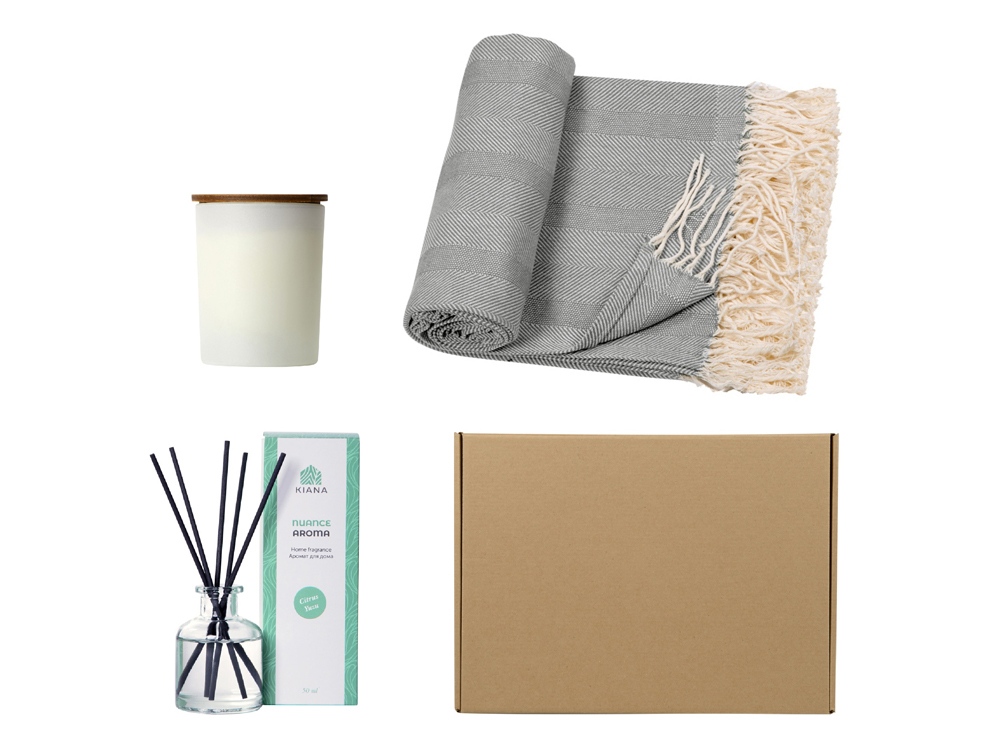 Подарочный набор с пледом, свечой и диффузором, серый Подарочный набор с пледом, свечой и диффузором, серый