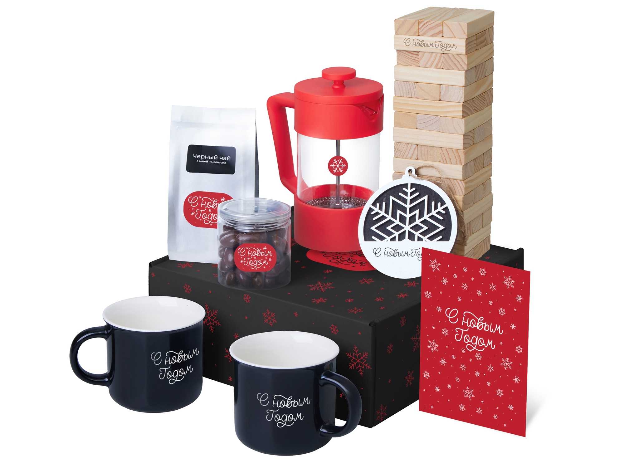 Подарочный набор c френчпрессом, кружками и чаем, красный