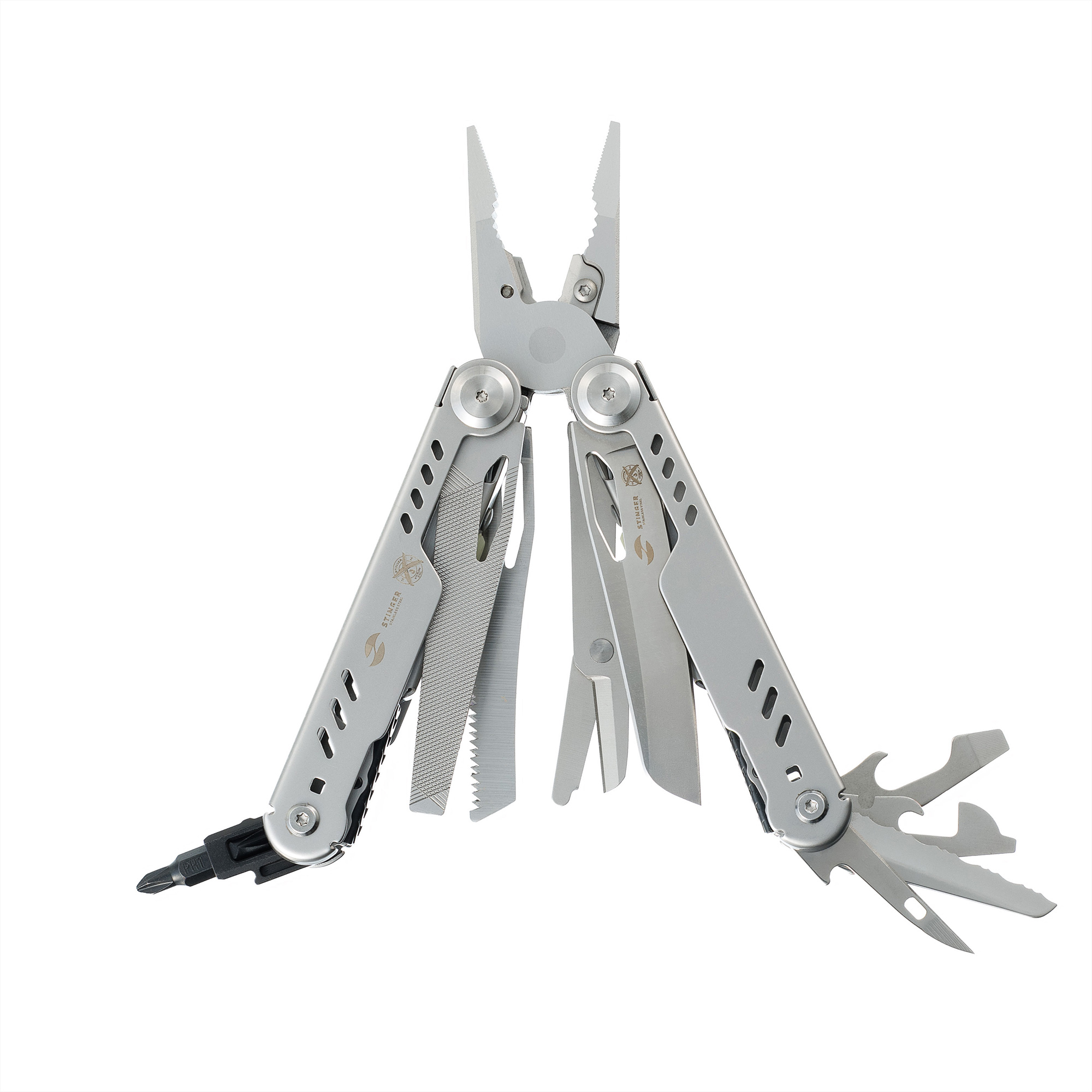 Мультитул Stinger, 110 х 27 мм, 23 функции, сталь, серебристый, в картонной коробке, в комплекте нейлоновый чехол