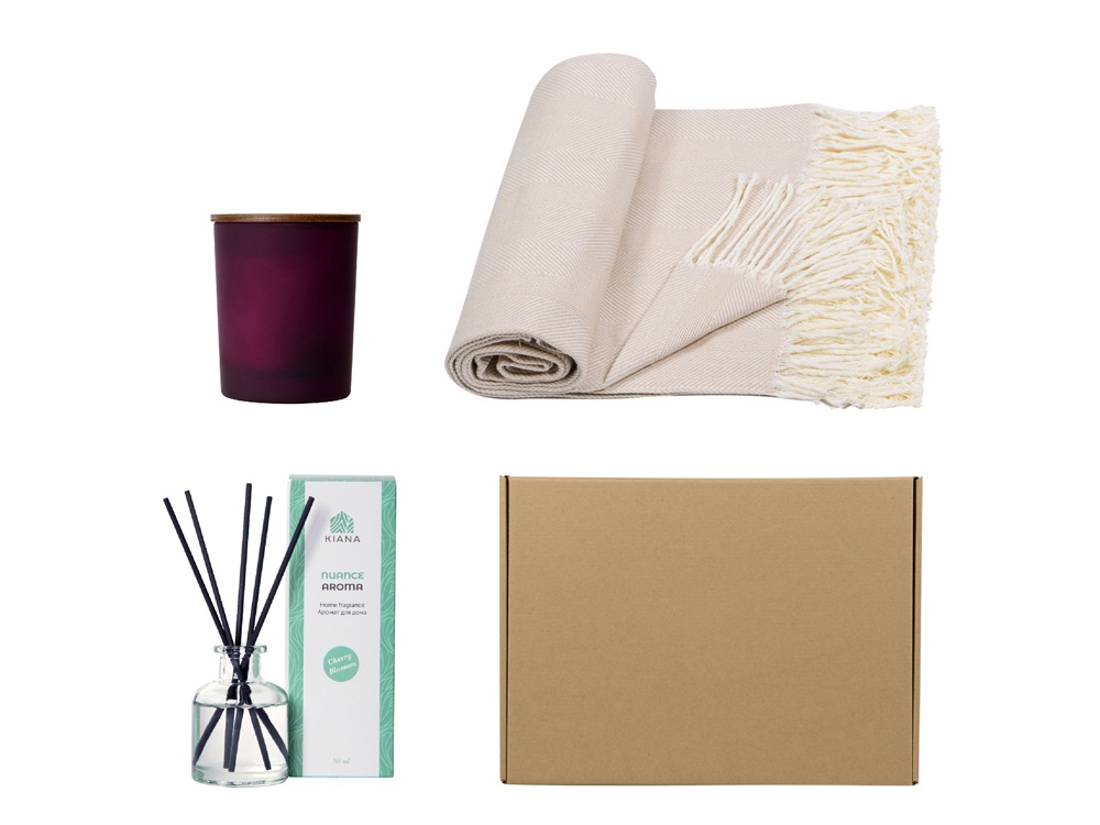 Подарочный набор с пледом, свечой и диффузором, бежевый Подарочный набор с пледом, свечой и диффузором, бежевый