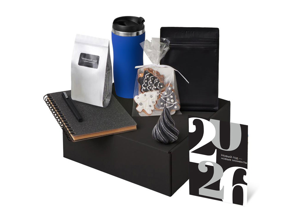Подарочный набор c термокружкой, чаем, кофе и блокнотом, синий