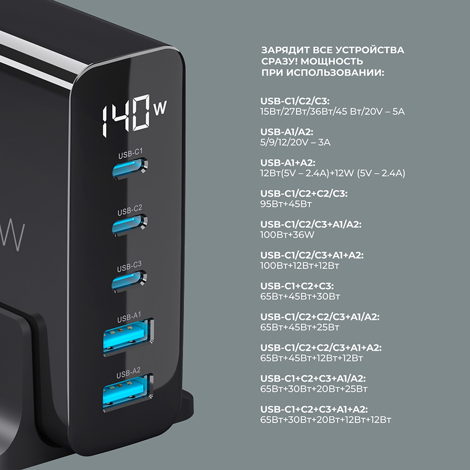 Зарядная станция 3xUSB Type-C, 2xUSB, PD, QC, 140Вт, черный, Deppa