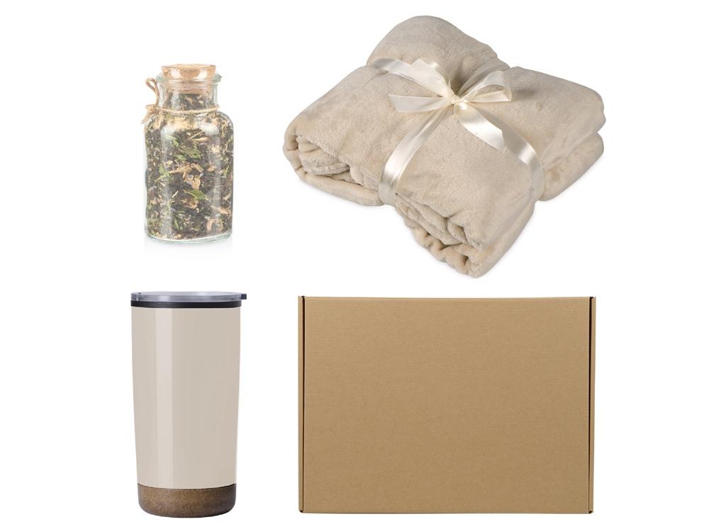 Подарочный набор с пледом, термокружкой и чаем, бежевый Подарочный набор с пледом, термокружкой и чаем, бежевый